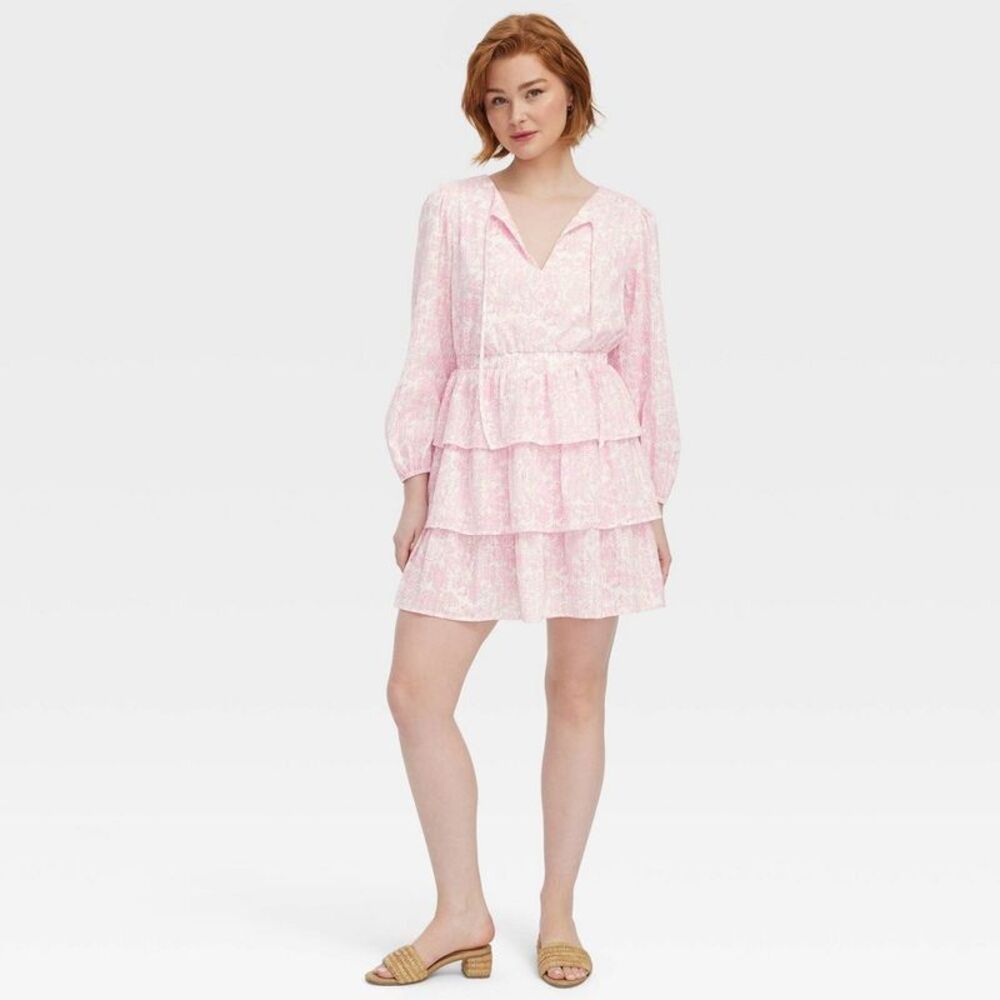 Women's Long Sleeve Sketched Floral Tiered Mini A-Line Dress Pink - XXS